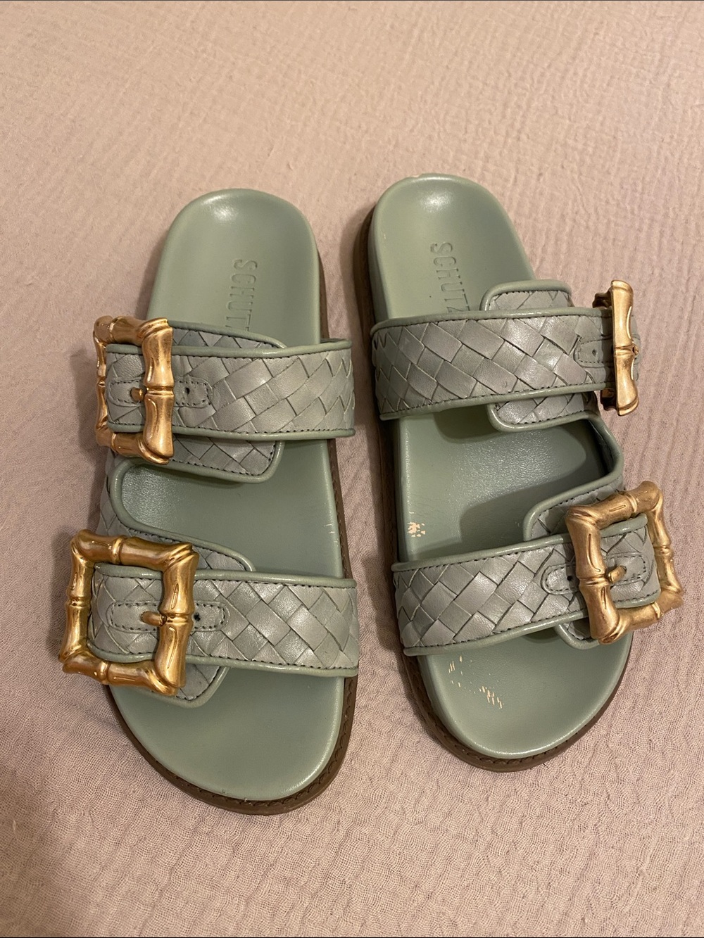 SHUTZ Braided Slide Sandals with Gold Buckles - Sage Green. Size 7.5